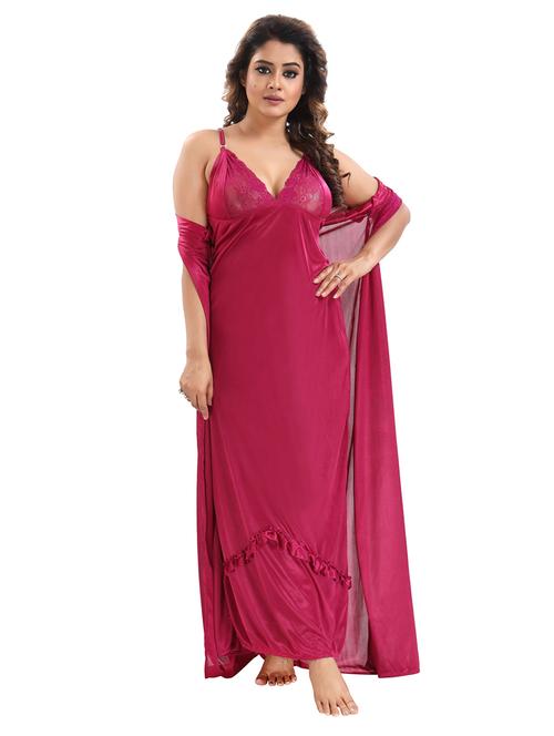 be you solid magenta satin 6 piece nightwear set (1 robe, 1 nighty, 1 top, 1 patiyala, 1 lingerie set) for women - 18431361 - Very Small Image - 1
