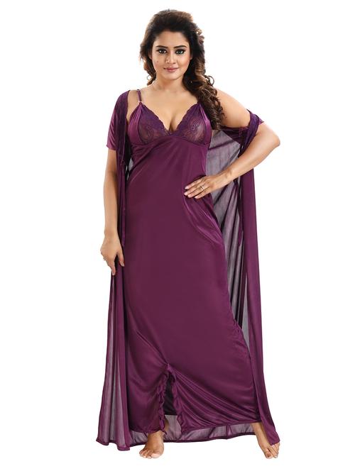 be you solid purple satin 6 piece nightwear set (1 robe, 1 nighty, 1 top, 1 patiyala, 1 lingerie set) for women - 18431366 - Very Small Image - 1