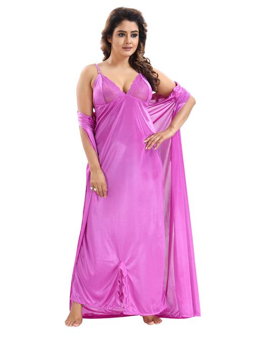 be you solid lavender satin 6 piece nightwear set (1 robe, 1 nighty, 1 top, 1 patiyala, 1 lingerie set) for women - 18431367 - Very Small Image - 1