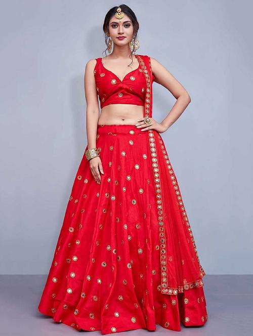 red mirror work solid semi-stitched lehenga choli with dupatta - 18432530 - Very Small Image - 1