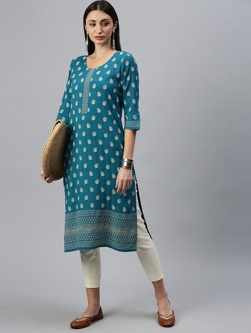 turquoise paisley straight kurta - 18434756 - Very Small Image - 1