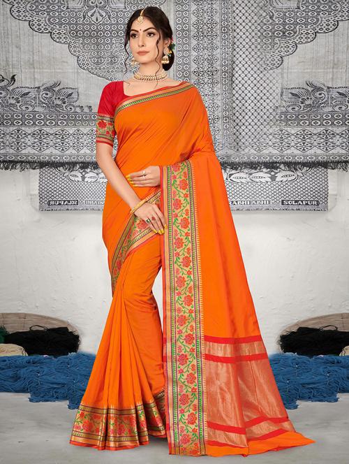women's bordered orange colored saree with blouse - 18436419 - Very Small Image - 1
