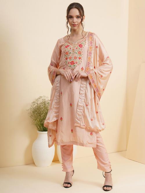 peach embroidered unstitched suit - 18436534 - Very Small Image - 1