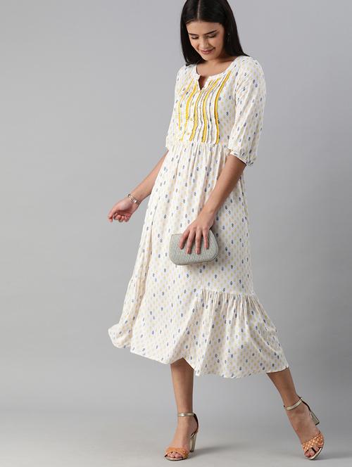three quarter sleeved printed fit & flare dress - 18437145 - Very Small Image - 1