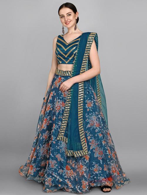 navy blue floral flared lehenga - 18437190 - Very Small Image - 1