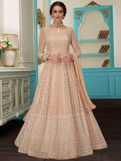 beige embroidered semi-stitched flared gown - 18437510 - Very Small Image - 1
