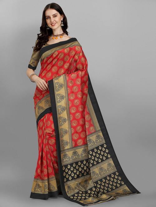 contrast bordered printed saree  with blouse - 18437857 - Very Small Image - 1