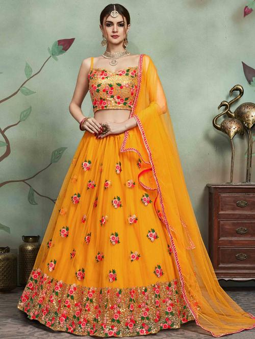 yellow embroidered & sequence work solid semi-stitched lehenga choli with dupatta - 18437934 - Very Small Image - 1