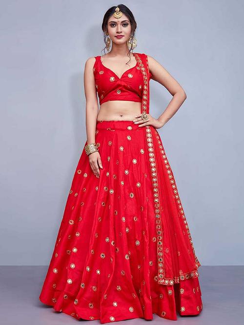 red embroidered & mirror work solid semi-stitched lehenga choli with dupatta - 18437936 - Very Small Image - 1