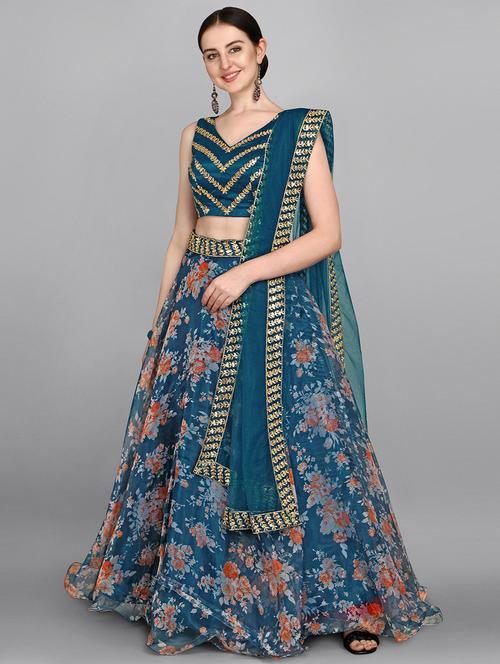 teal blue embroidered & sequence work floral semi-stitched lehenga choli with dupatta - 18437938 - Very Small Image - 1