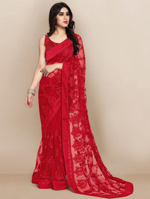 red tonal embroidered saree with blouse - 18438831 - Very Small Image - 1
