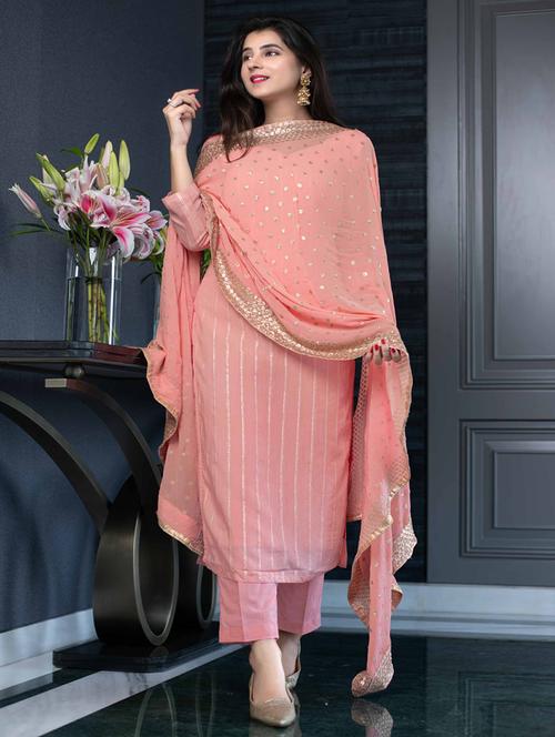 peach sequence work semi-stitched straight pant suit set - 18439167 - Very Small Image - 1