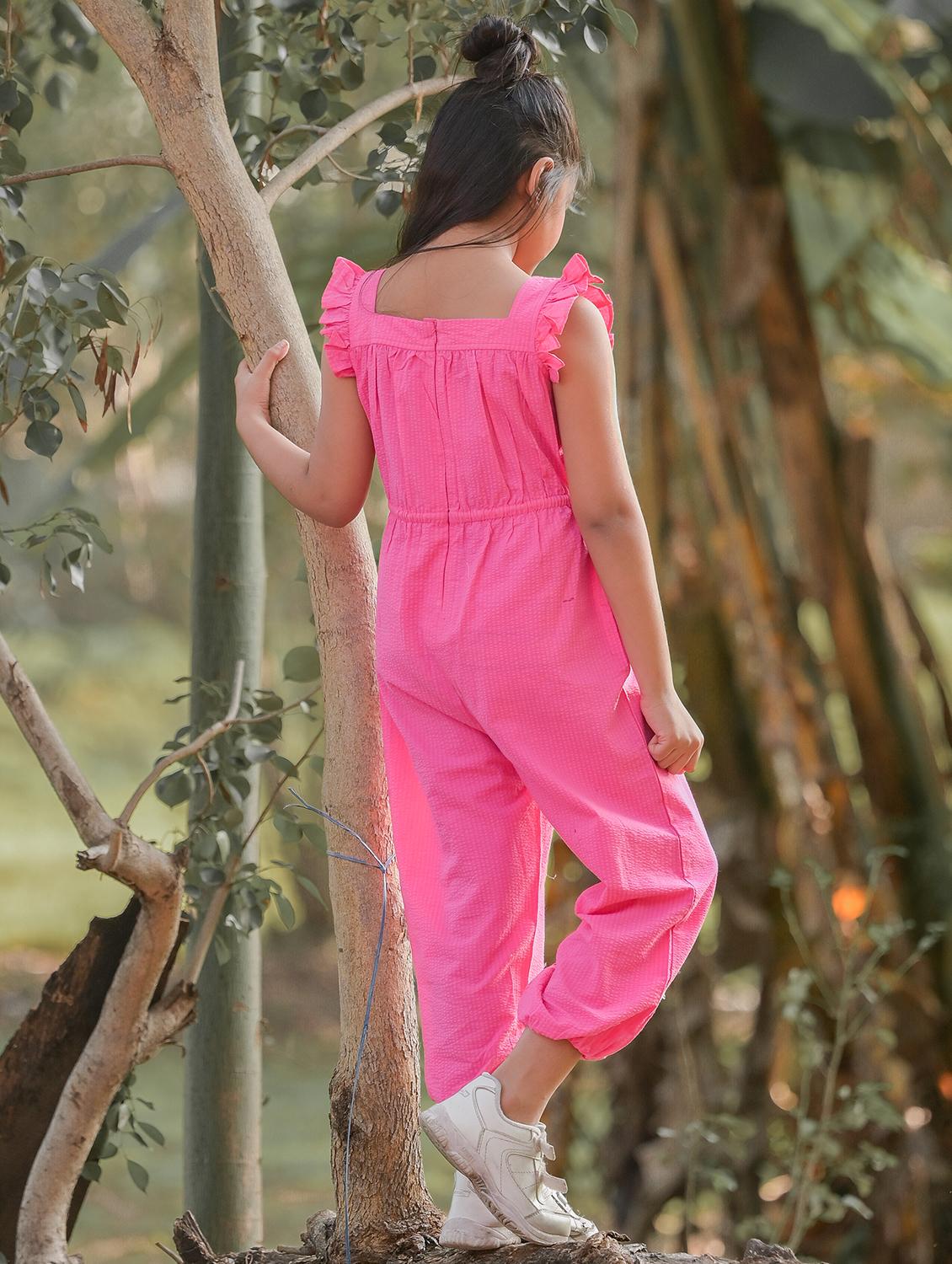 girls pink self design full length jumpsuit - 18439246 - Standard Image - 2