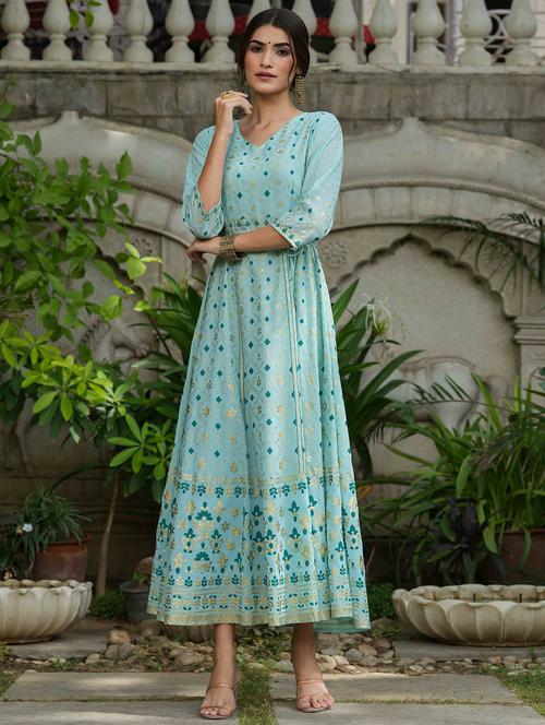 sea green foil print flared ethnic dress - 18439884 - Very Small Image - 1