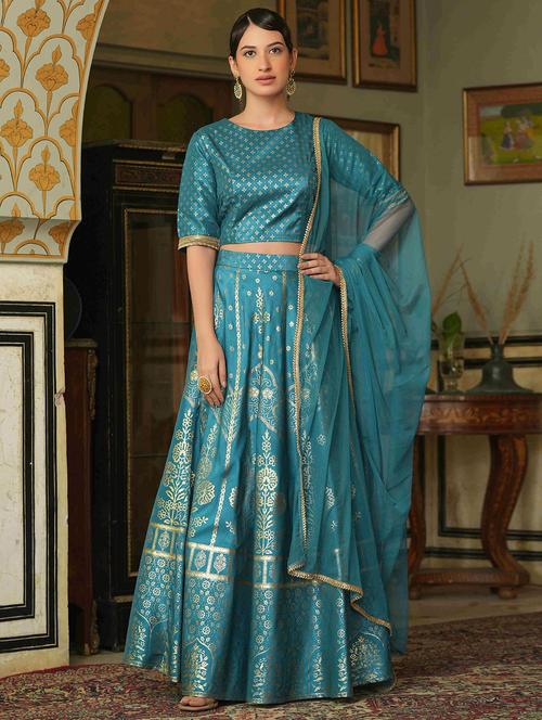 teal foil print semi-stitched lehenga choli with dupatta - 18439903 - Very Small Image - 1