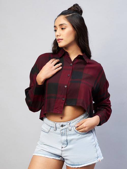long sleeved checkered crop shirt - 18440109 - Very Small Image - 1