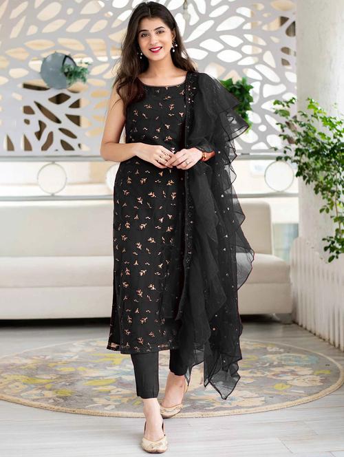 sequined semi-stitched straight pant suit set - 18441809 - Very Small Image - 1