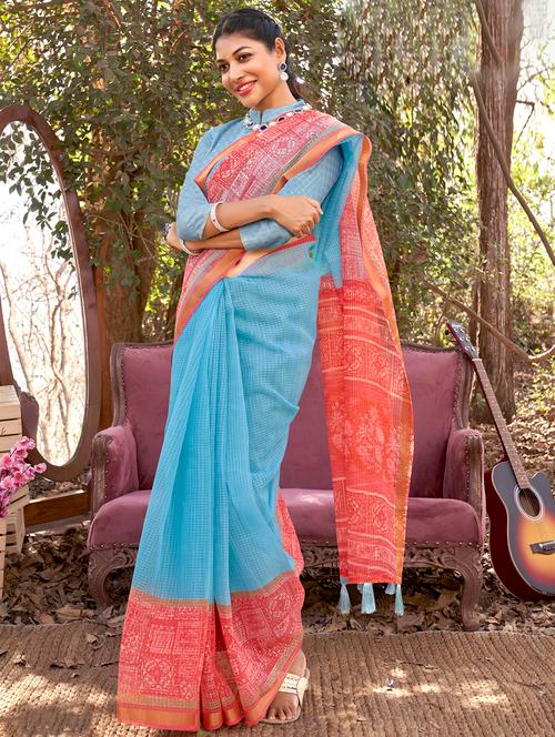 contrast bordered checkered saree with blouse - 18442013 - Very Small Image - 1