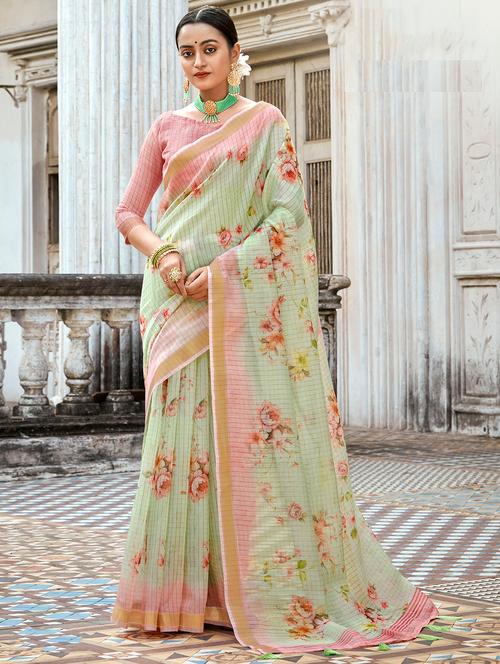 golden zari work printed saree with blouse - 18442033 - Very Small Image - 1