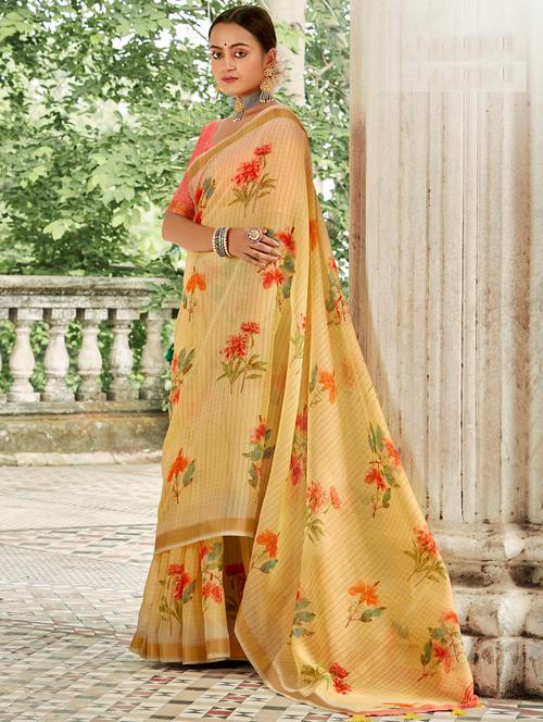 golden zari work printed saree with blouse - 18442038 - Very Small Image - 1