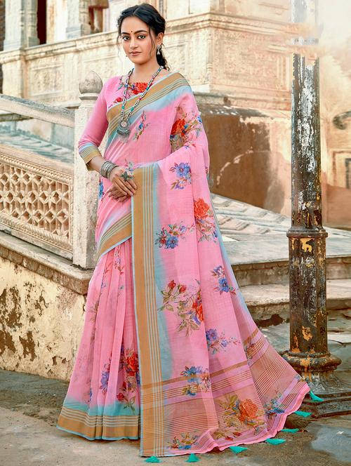 golden zari work printed saree with blouse - 18442039 - Very Small Image - 1