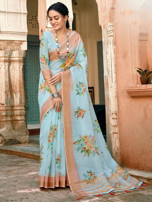 golden zari work printed saree with blouse - 18442040 - Very Small Image - 1