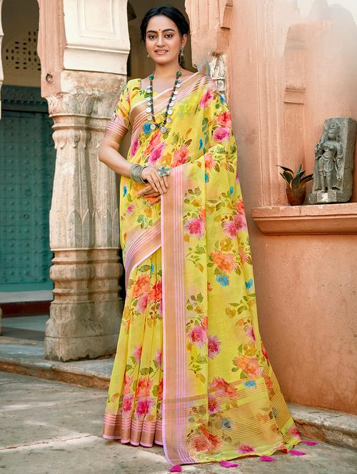 golden zari work printed saree with blouse - 18442041 - Very Small Image - 1