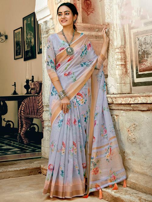 golden zari work printed saree with blouse - 18442042 - Very Small Image - 1