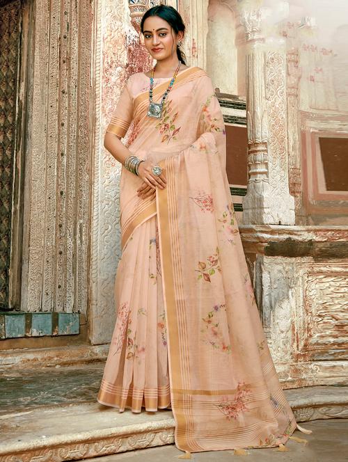 golden zari work printed saree with blouse - 18442043 - Very Small Image - 1