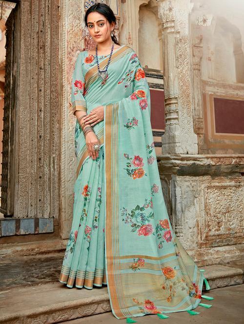 golden zari work printed saree with blouse - 18442044 - Very Small Image - 1