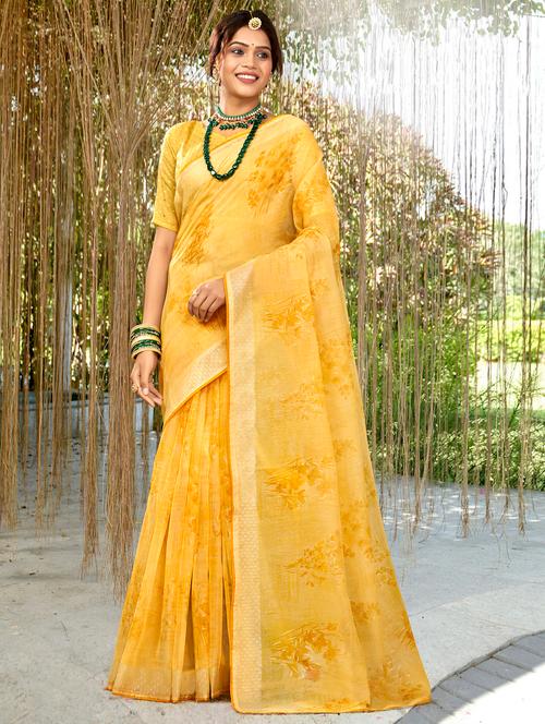 golden zari work printed saree with blouse - 18442125 - Very Small Image - 1