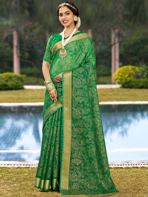 golden zari work printed saree with blouse - 18442136 - Very Small Image - 1