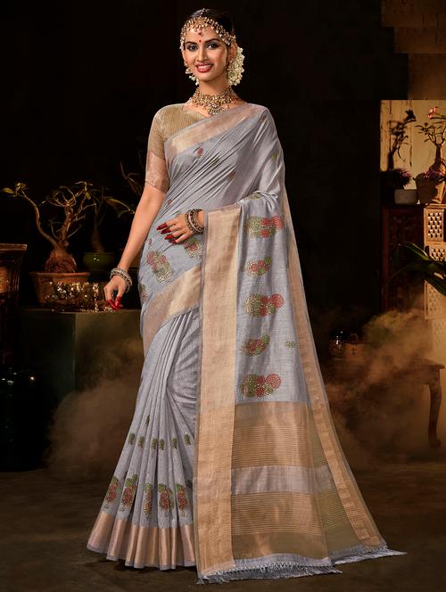 golden zari work embroidered saree with blouse - 18442153 - Very Small Image - 1