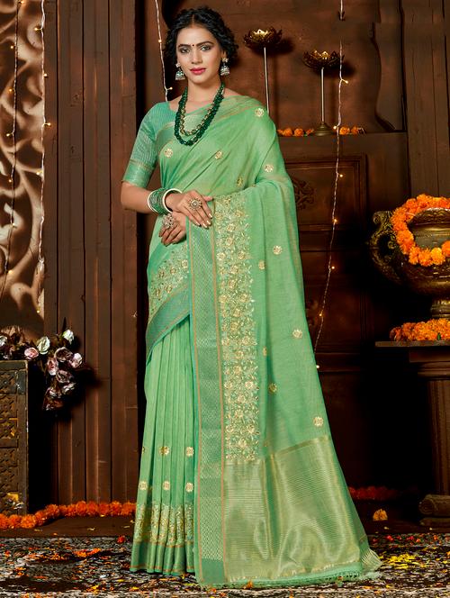 golden zari work embroidered saree with blouse - 18442156 - Very Small Image - 1