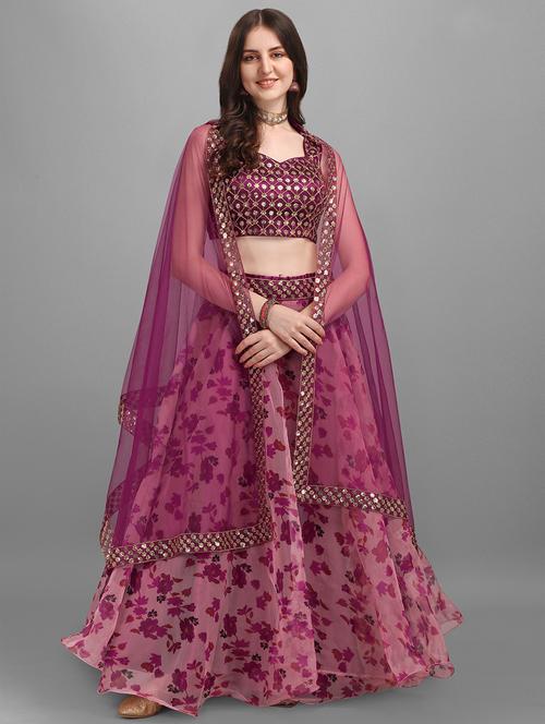 magenta embroidered floral semi-stitched lehenga choli with dupatta - 18442378 - Very Small Image - 1