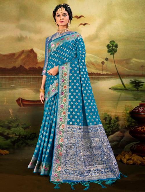light blue zari work woven saree with blouse - 18443384 - Very Small Image - 1
