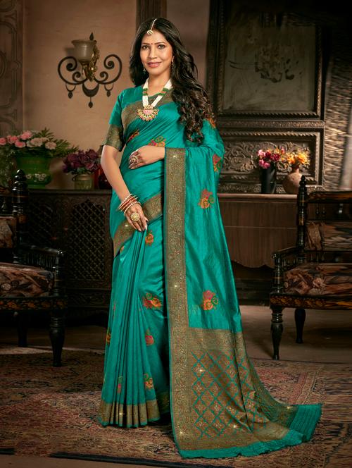 turquoise self design embroidered saree with blouse - 18443393 - Very Small Image - 1