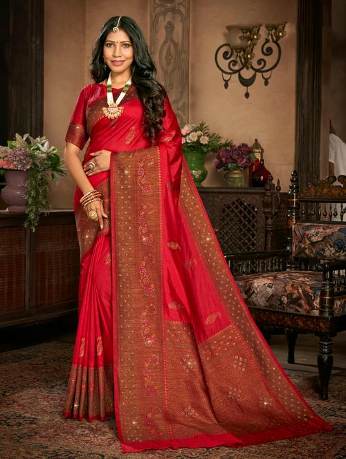 self design embroidered saree with blouse - 18443396 - Very Small Image - 1