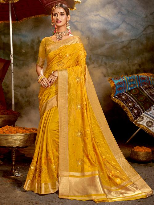 golden zari work tonal embroidered saree with blouse - 18443416 - Very Small Image - 1