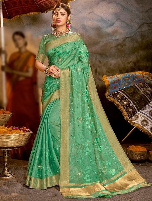 golden zari work tonal embroidered saree with blouse - 18443417 - Very Small Image - 1