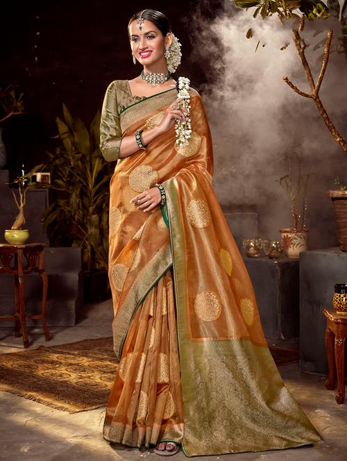 golden zari work handloom saree with blouse - 18443423 - Very Small Image - 1