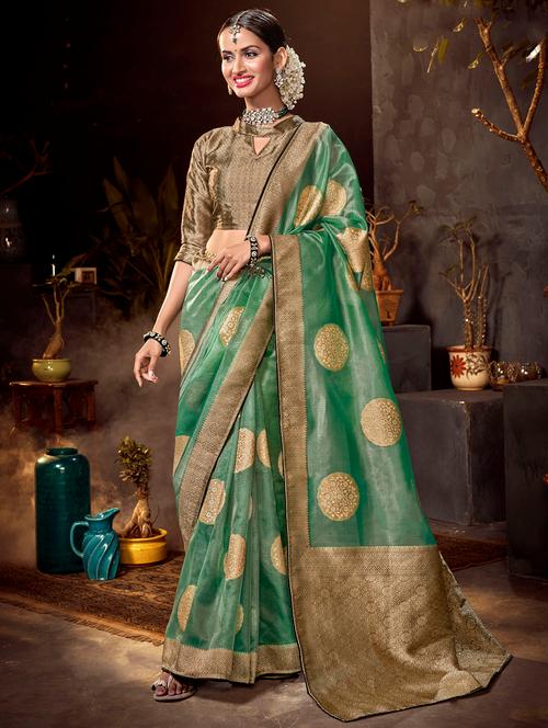 golden zari work handloom saree with blouse - 18443424 - Very Small Image - 1