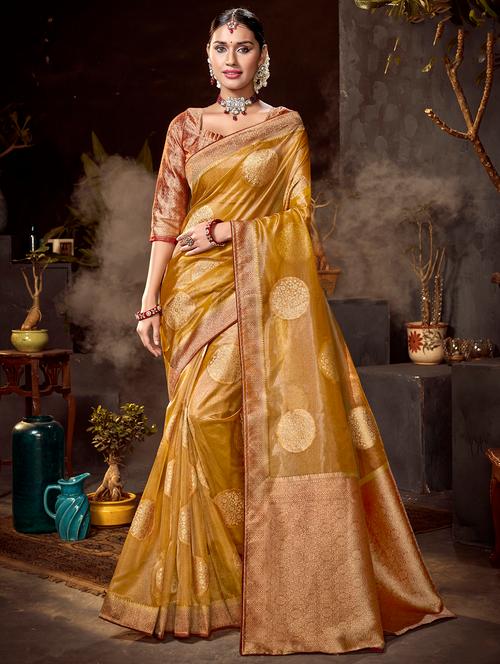 golden zari work handloom saree with blouse - 18443425 - Very Small Image - 1