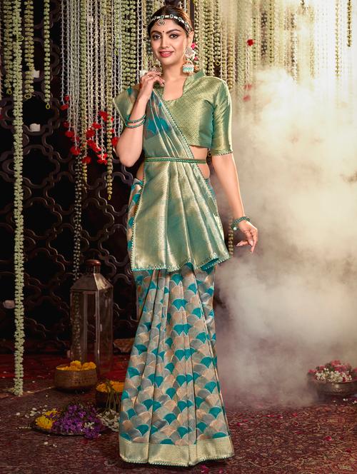 golden zari work tussar saree with blouse - 18443435 - Very Small Image - 1