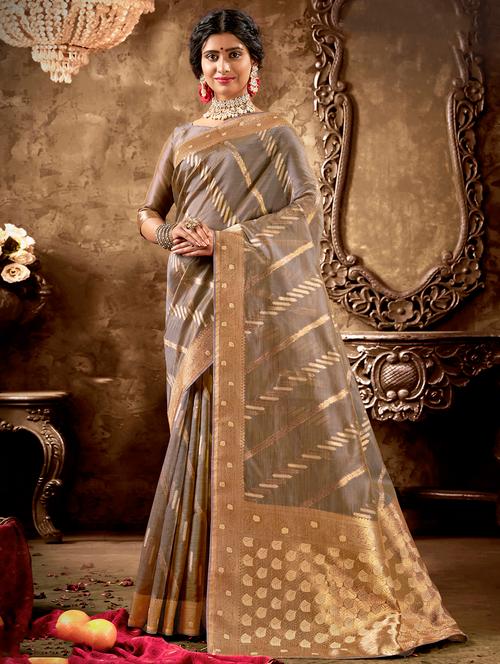 golden zari work woven saree with blouse - 18443446 - Very Small Image - 1