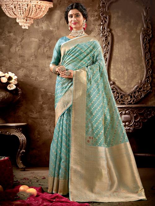 golden zari work woven saree with blouse - 18443447 - Very Small Image - 1