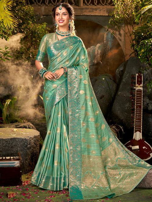 golden zari work woven saree with blouse - 18443452 - Very Small Image - 1