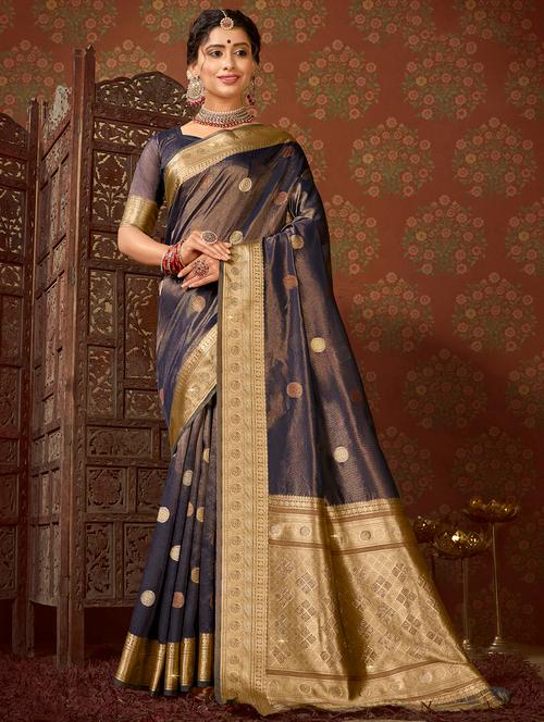 golden zari work woven saree with blouse - 18443461 - Very Small Image - 1