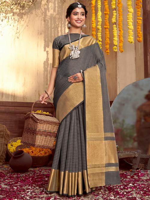 golden zari work woven saree - 18443470 - Very Small Image - 1