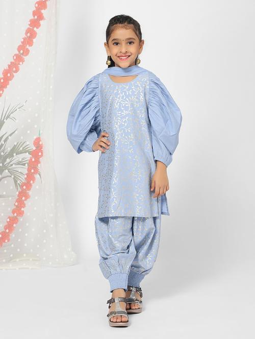 girl blue foil printed patiyala suit set with dupatta  - 18444415 - Very Small Image - 1